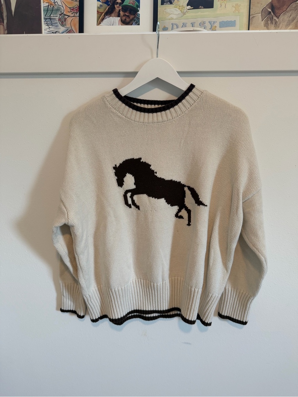 Soho and Stella Cream Horse Intarsia Crewneck Sweater - Women